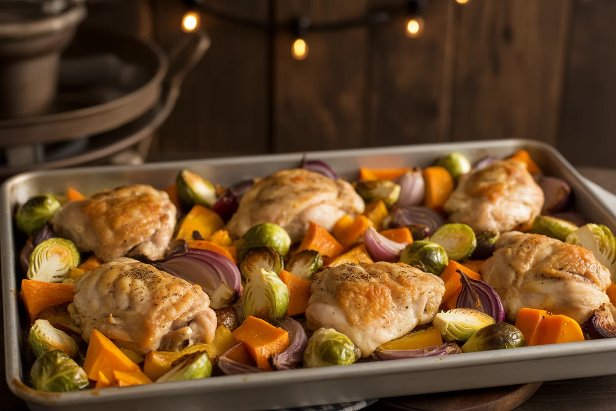 Sheet Pan Chicken with Savory Brussels Sprouts & Butternut Squash 1 Sheet Pan Chicken with Savory Brussels Sprouts & Butternut Squash