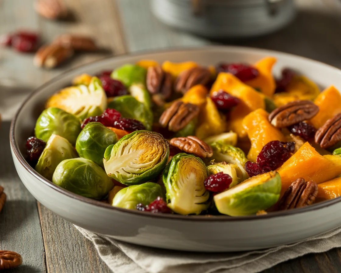 Thanksgiving Side Dish: Butternut Squash, Brussels Sprouts, Cranberries, and Pecans