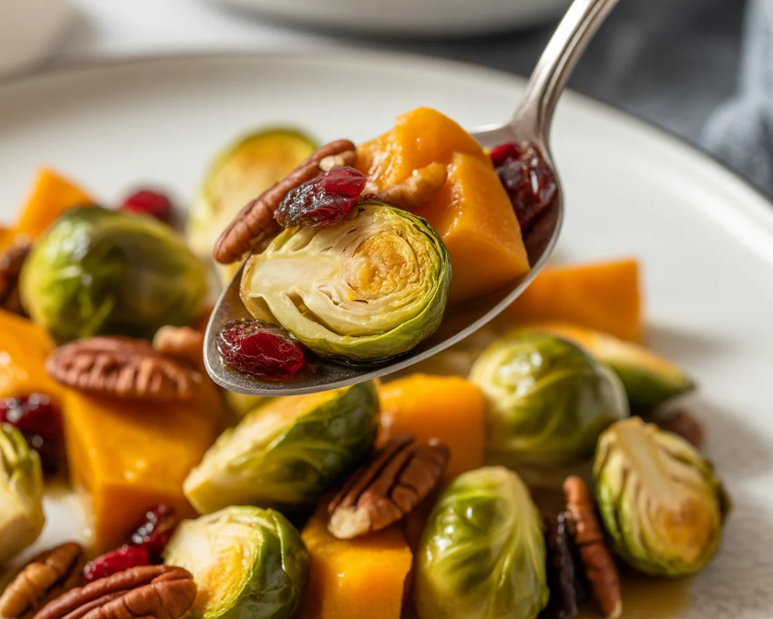 Perfectly Roasted Butternut Squash & Brussels Sprouts with Cranberries & Pecans