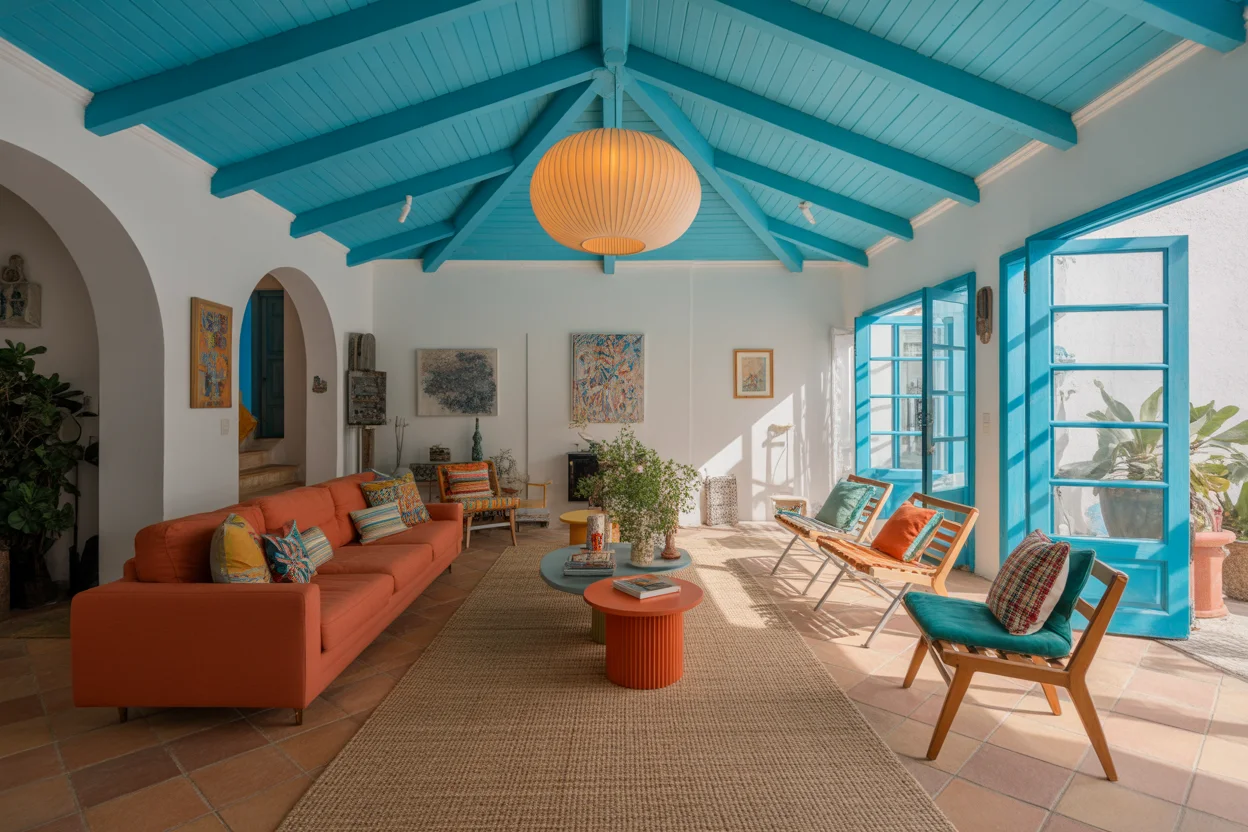 blue color drenched living room