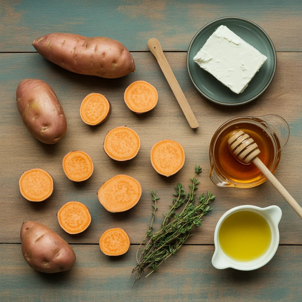 Crispy Roasted Sweet Potato Rounds with Honey and Feta
