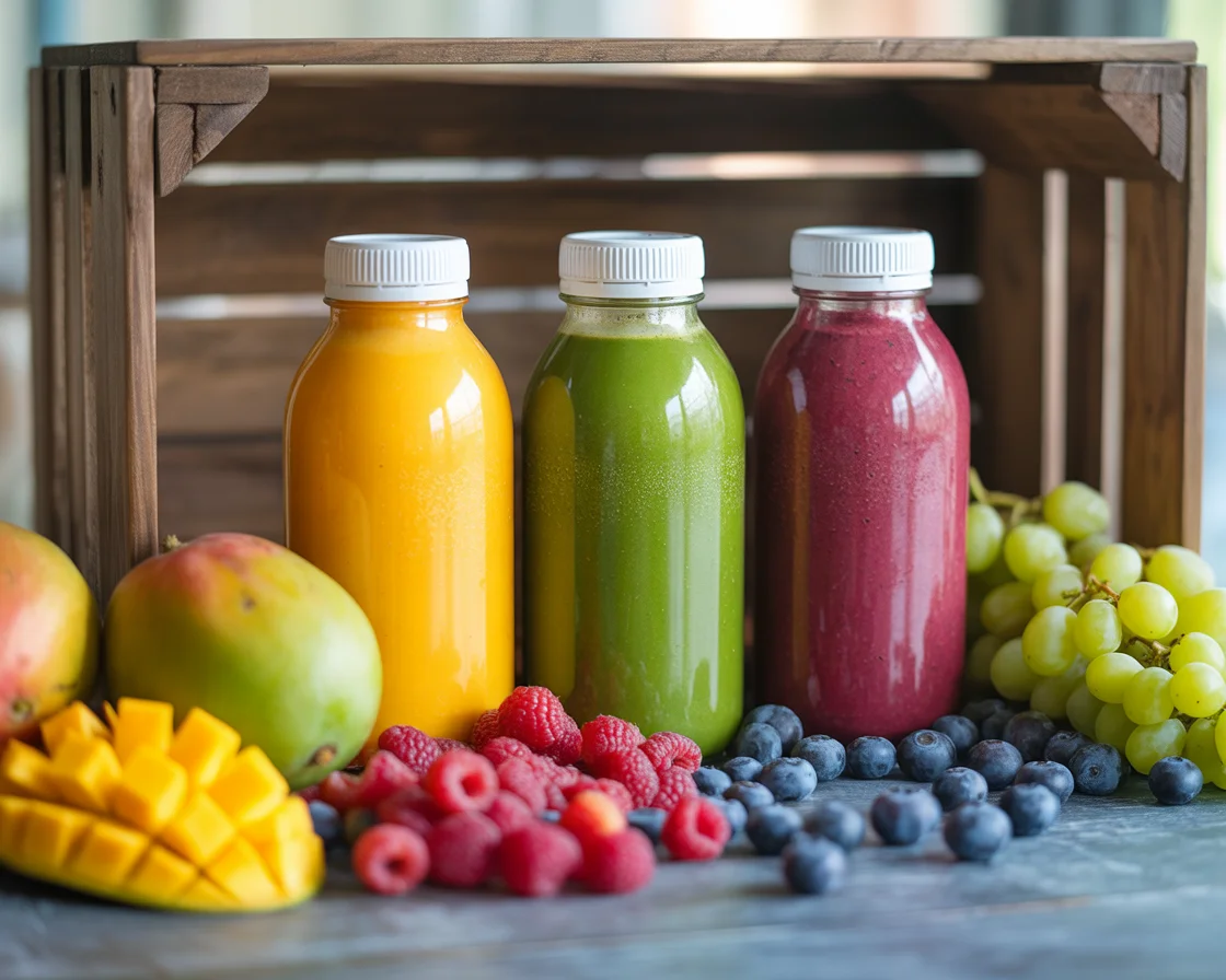 A three different bottles of Detox Juices made from natural fruits and vegetables