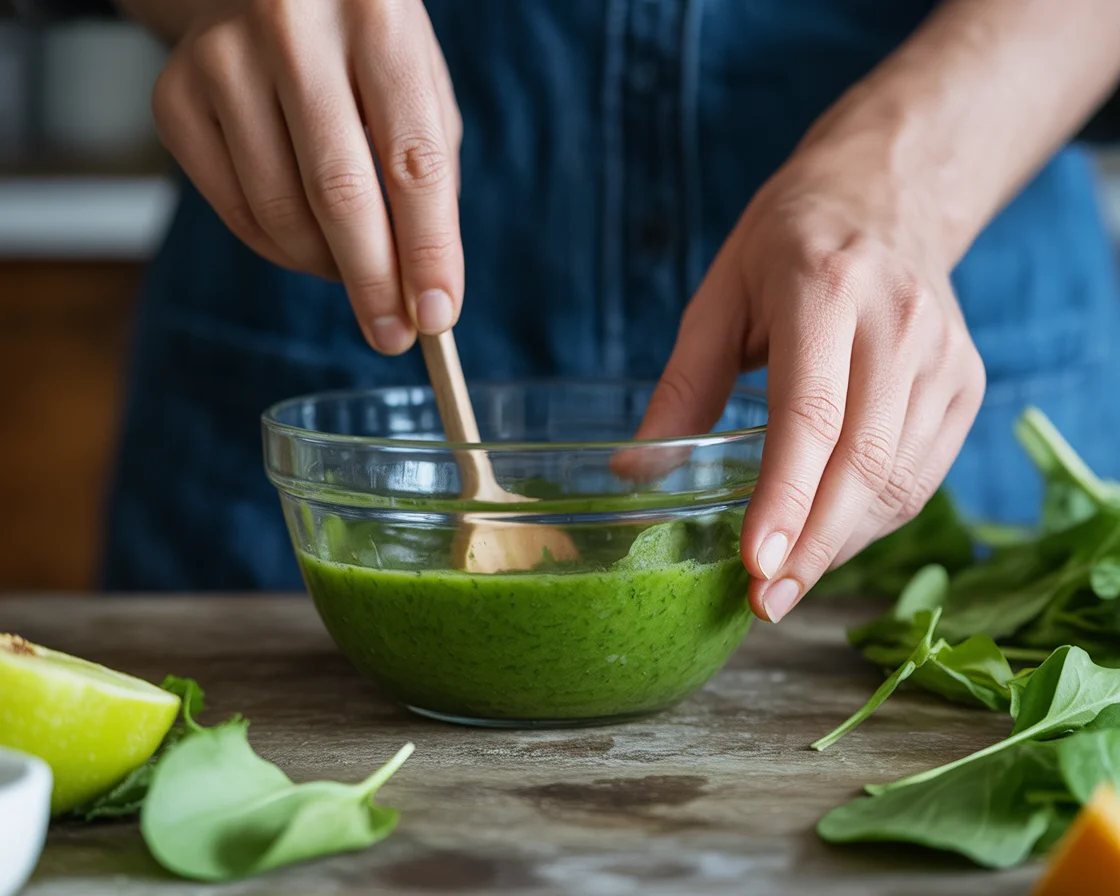 A hand mixing the ingredients of Detox Juice in glass bowl