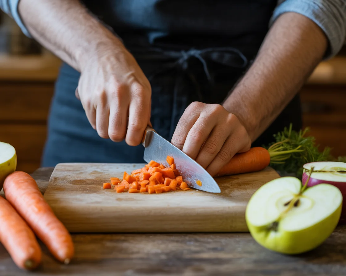A hands cutting carrot with a knife make it ready for blending 
