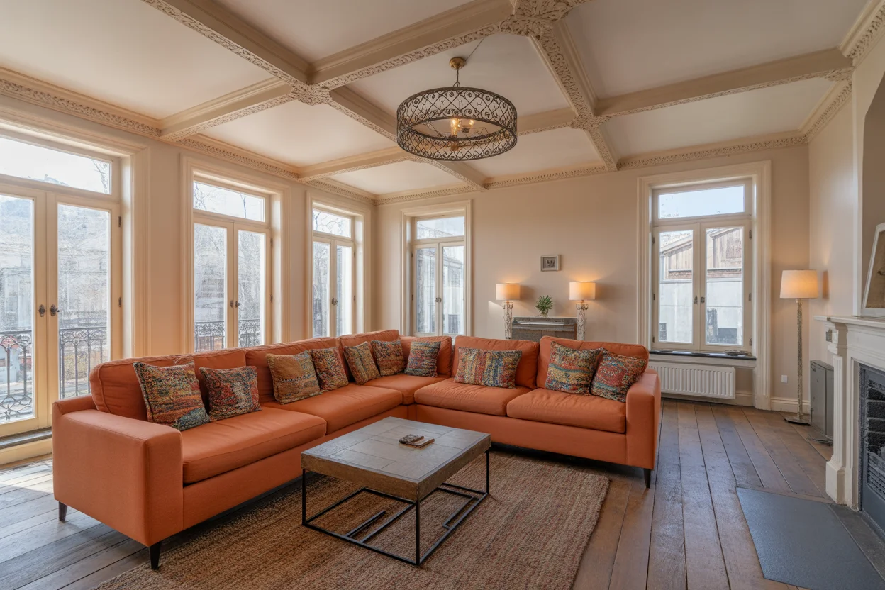 color drenched living room with fireplace