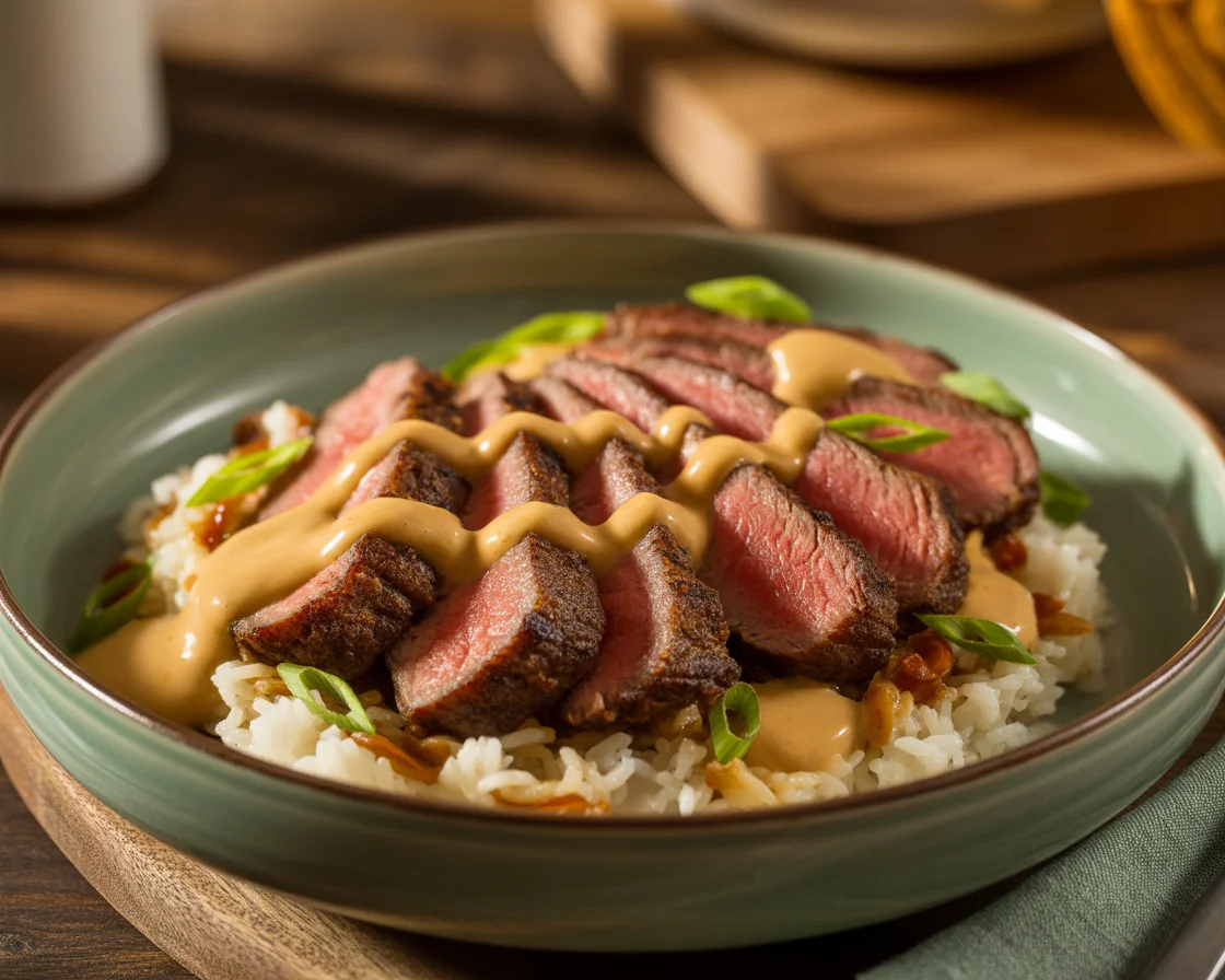 Korean BBQ Steak Rice Bowls with Spicy Cream Sauce