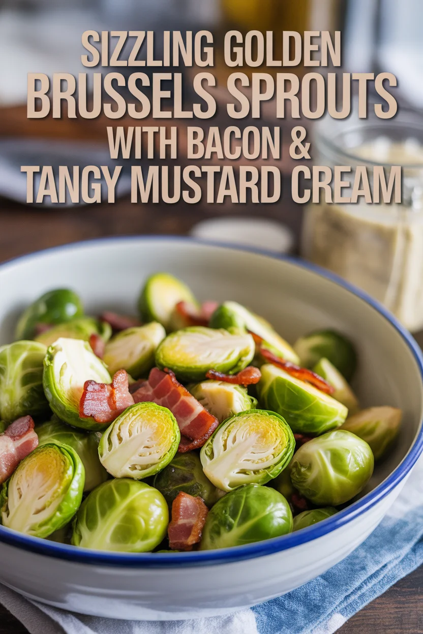 Golden Brussels Sprouts with Bacon &amp; Tangy Mustard Cream