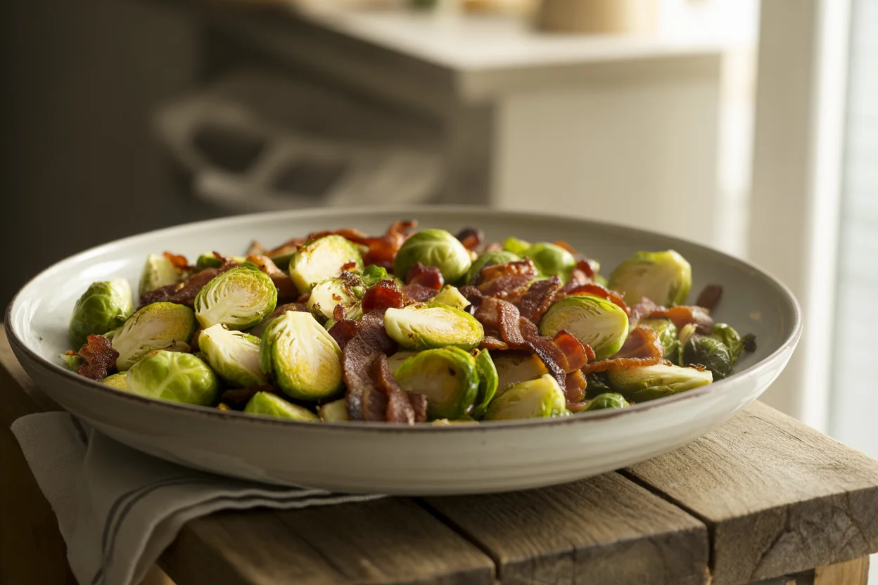 Sizzling Golden Brussels Sprouts with Bacon & Tangy Mustard Cream