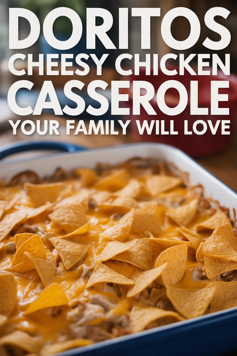 A Pinterest style image of a Doritos Cheesy Chicken Casserole
