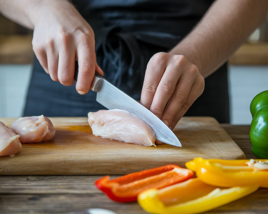A hands cutting chicken with a ceramic knife on a rustic wooden table