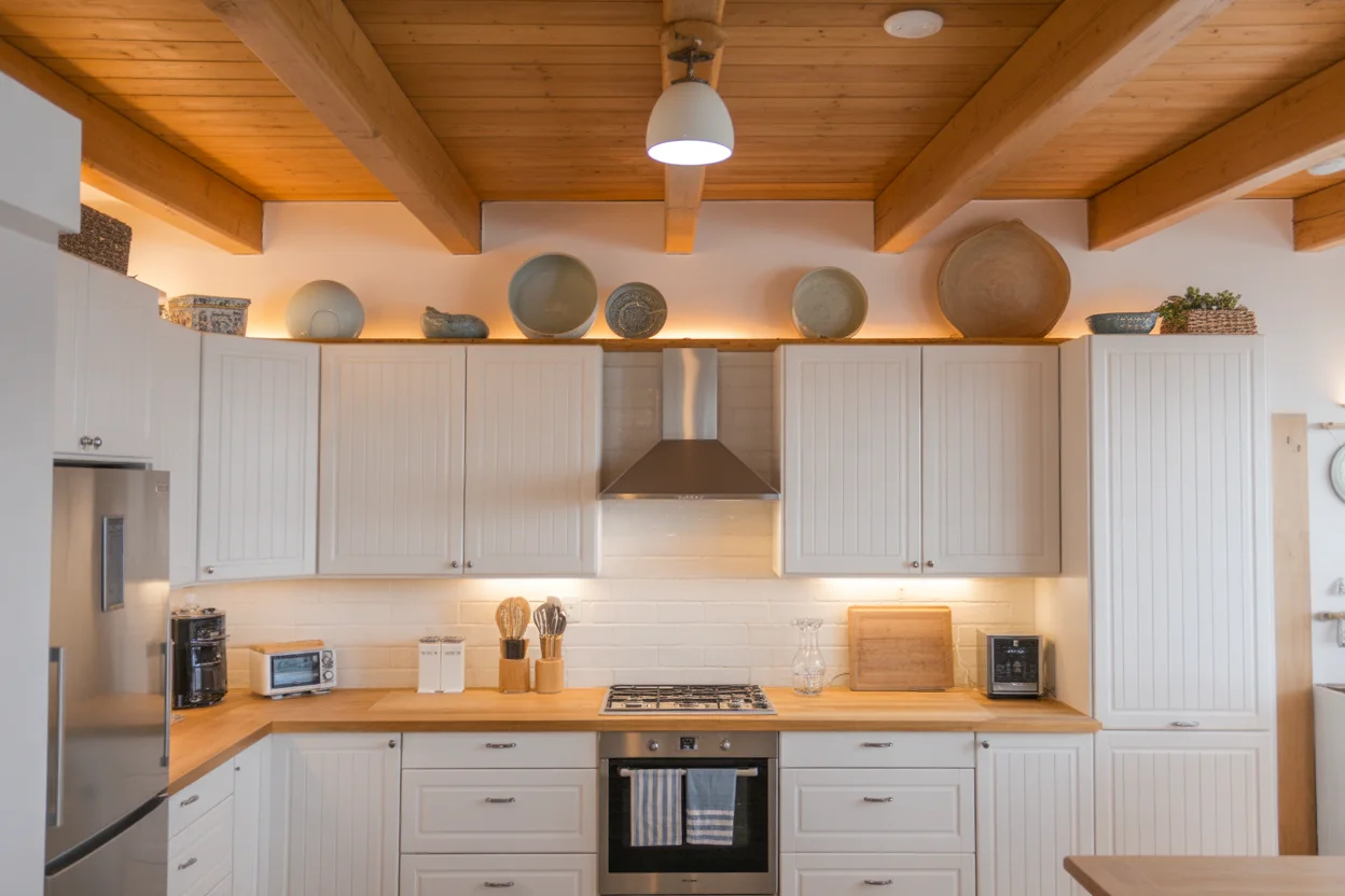 how to decorate above kitchen cabinets