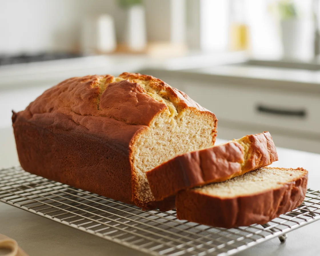 Cottage cheese banana bread loaf, sliced on a cooling rack — no flour, no baking soda; moist, high‑protein flourless banana bread.