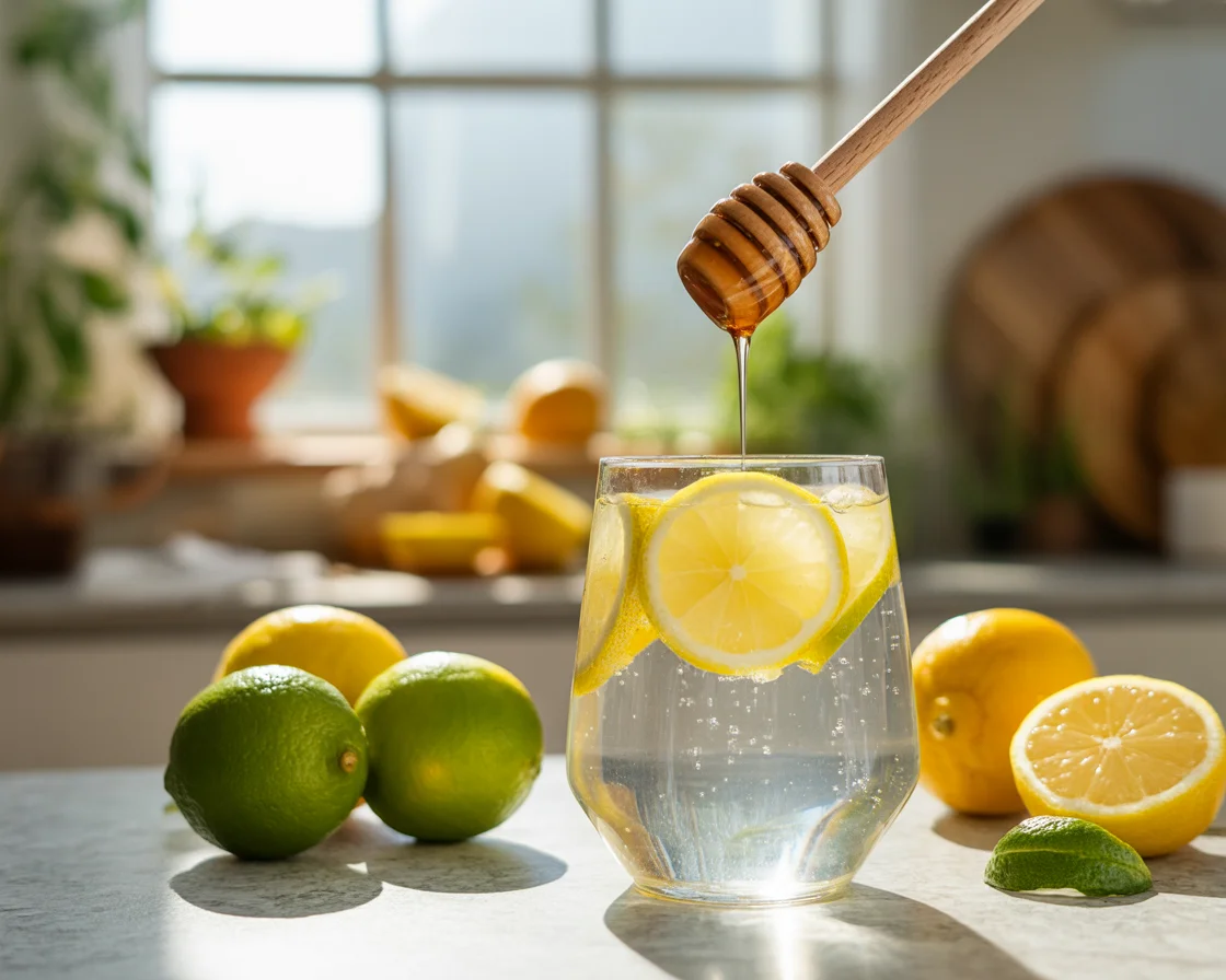 Honey being drizzled into a glass of lemon and lime water, surrounded by fresh citrus, for a homemade natural brazilian mounjaro recipe.