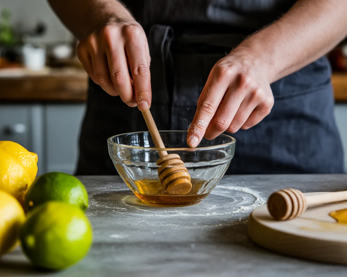 Mixing honey in a glass bowl with fresh lemons and limes on a kitchen counter, preparing a natural brazilian mounjaro drink.