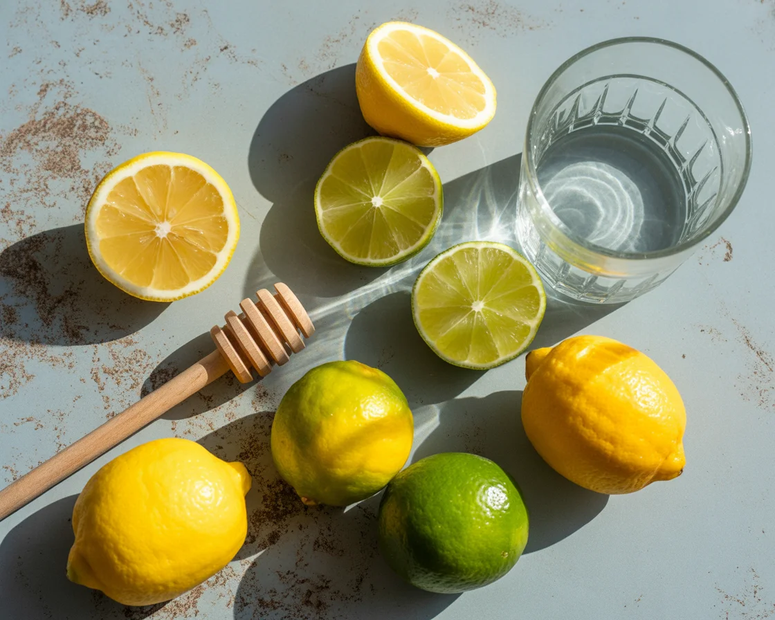 Glass of water, honey dipper, fresh lemons and limes arranged on a light background, ingredients for a brazilian mounjaro recipe.