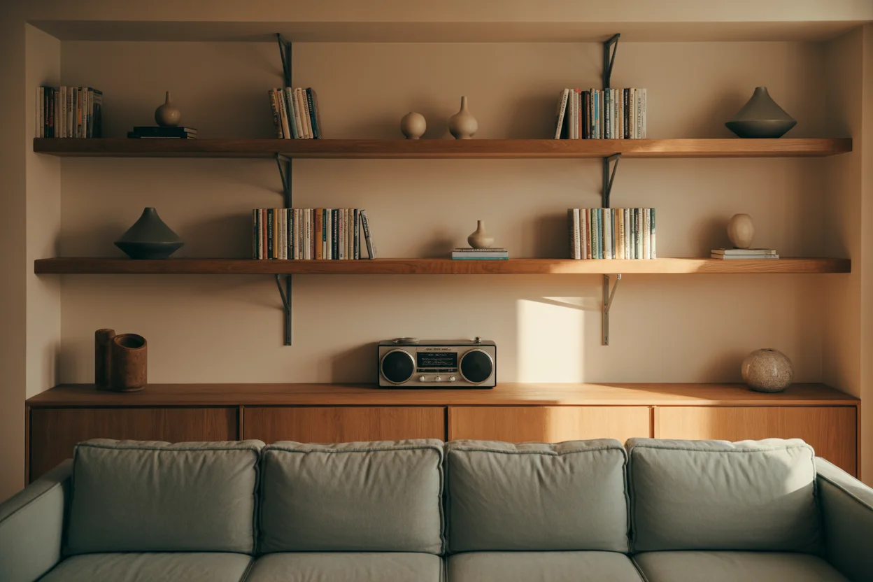 Charming Wooden Floating Shelves for a Cozy Living Room