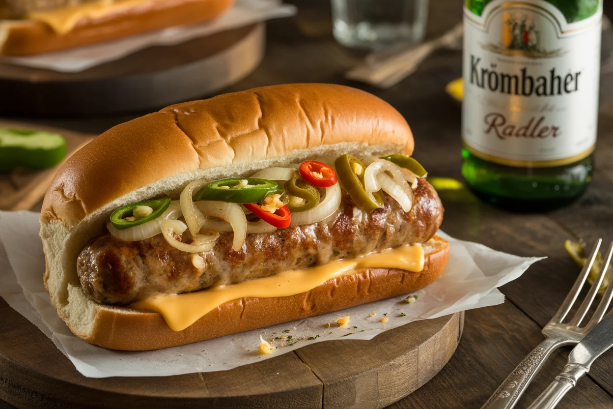 Gebratene Bratwurst mit geschmorten Zwiebeln