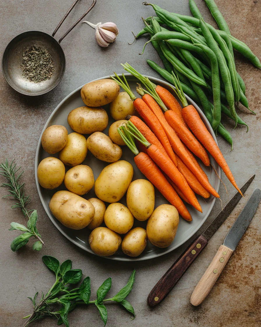 garlic herb roasted potatoes carrots and green beans