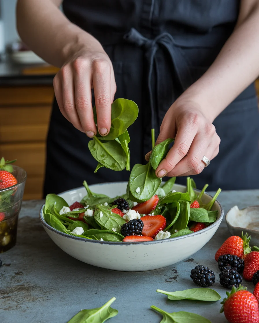 berry spinach salad with pecans feta and balsamic glaze