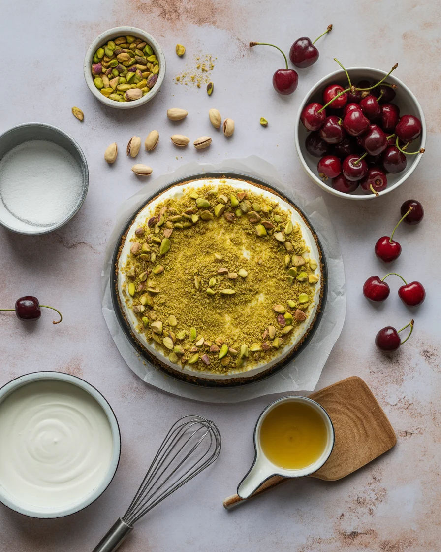 Pistachio Crusted Cherry Cheesecake