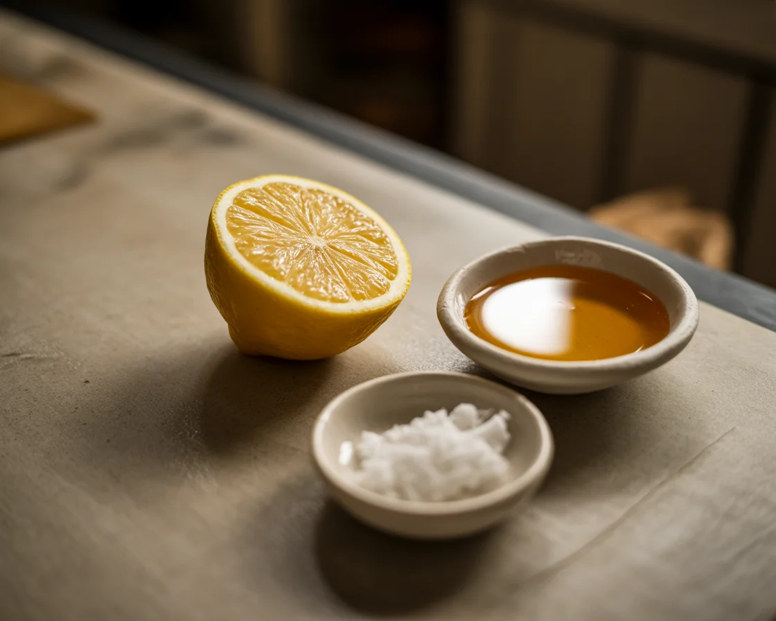 lemon baking soda face mask recipe with honey on a wooden table