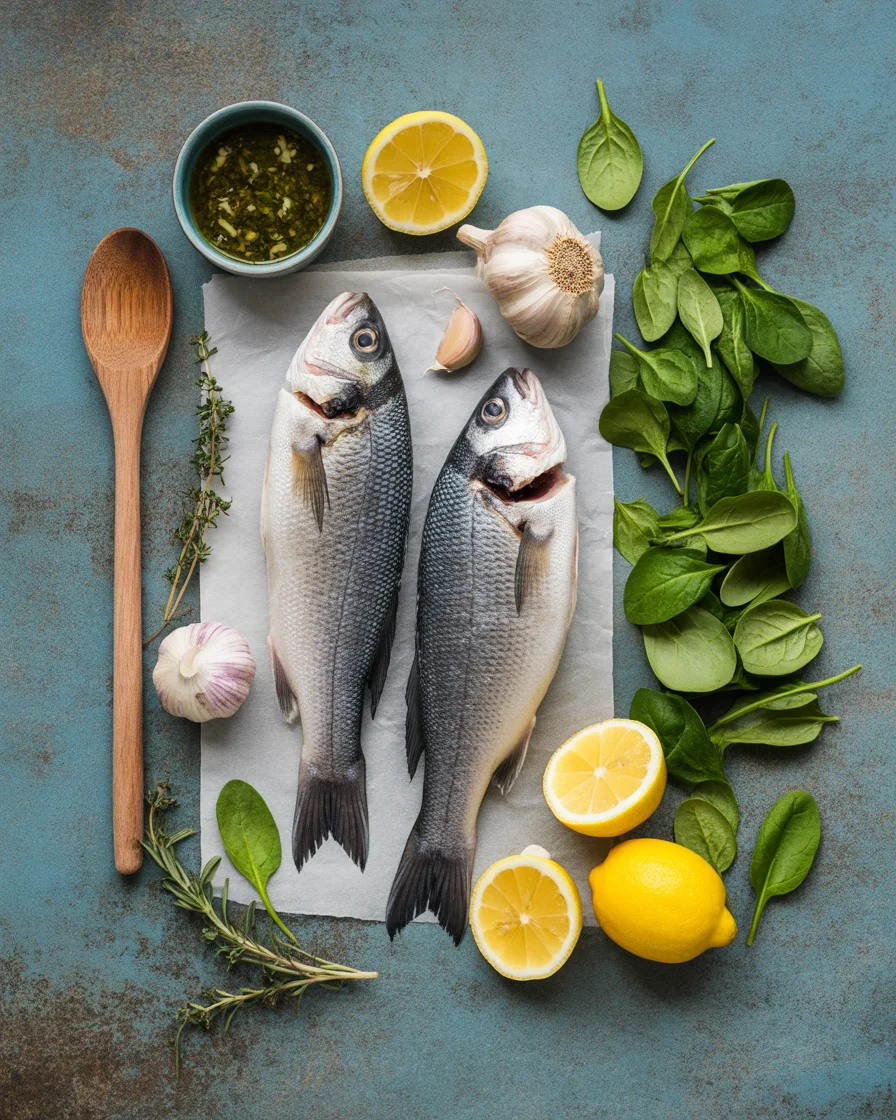 Lemon-Garlic Sea Bass with Creamed Spinach