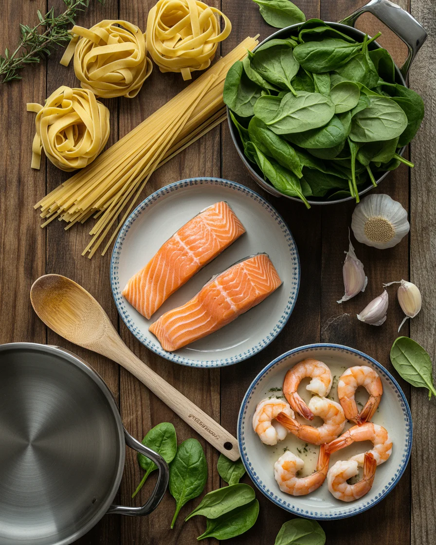 Creamy Tuscan Salmon and Shrimp Pasta
