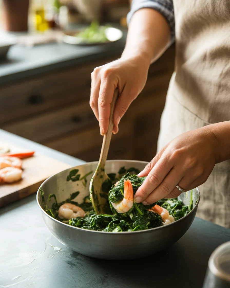 Shrimp and Spinach Stuffed Pasta Rolls with Roasted Red Pepper Cream