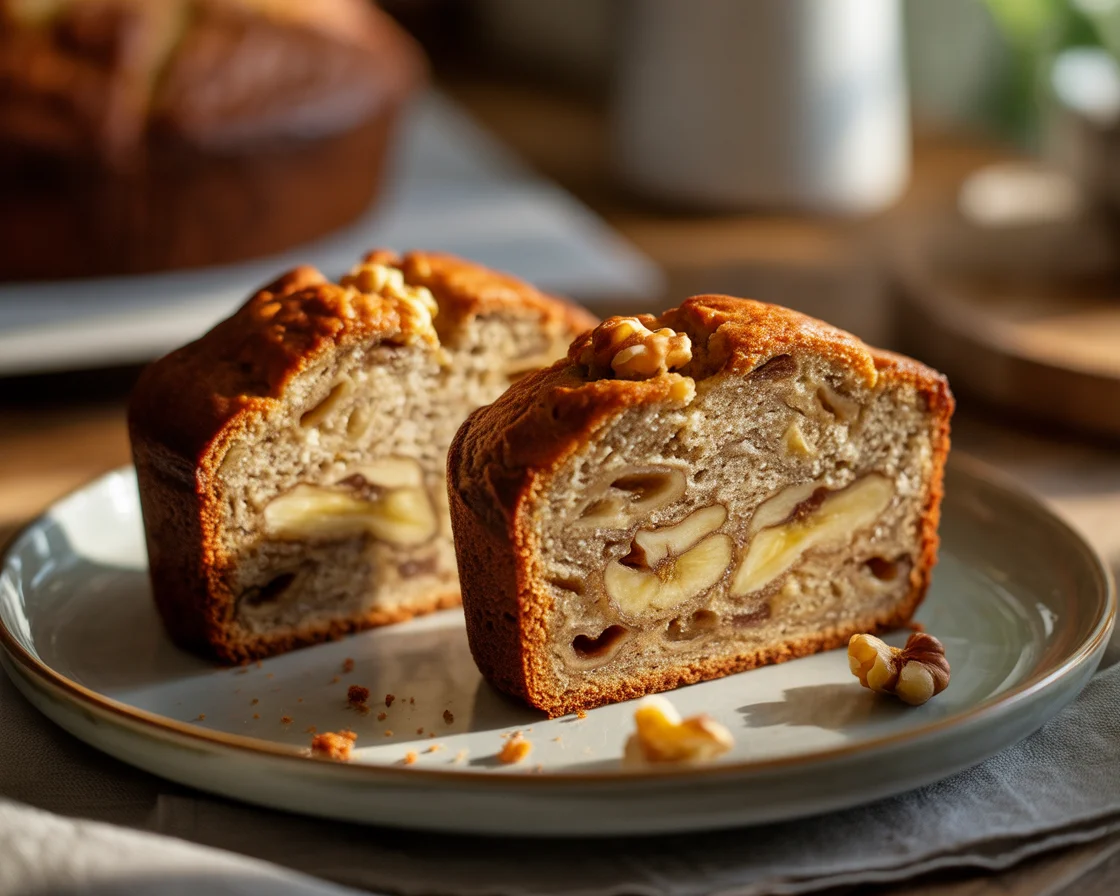 Slices of moist oat flour banana bread with walnuts on plate, showcasing texture and nutty ingredients.