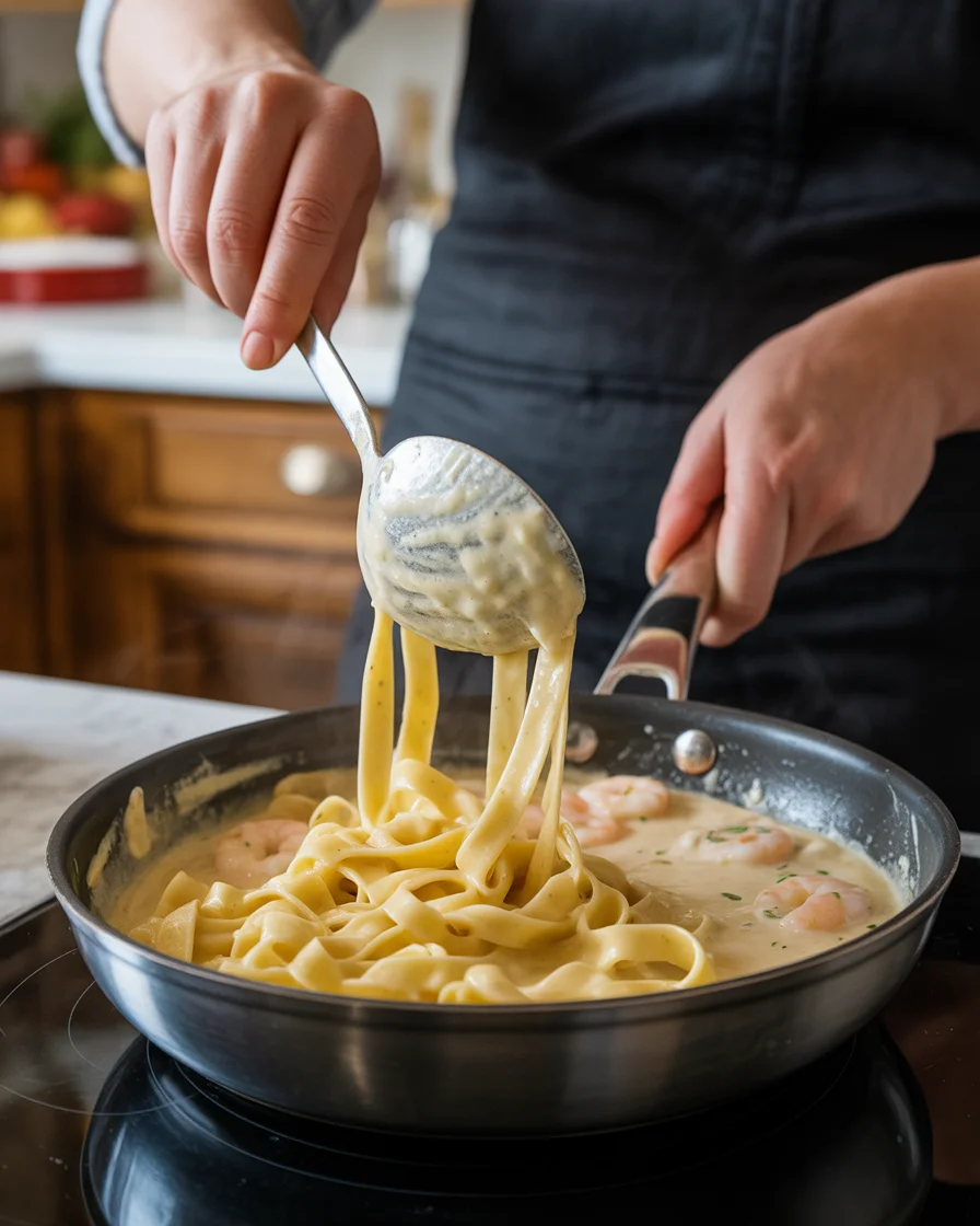 One pan shrimp fettuccine alfredo
