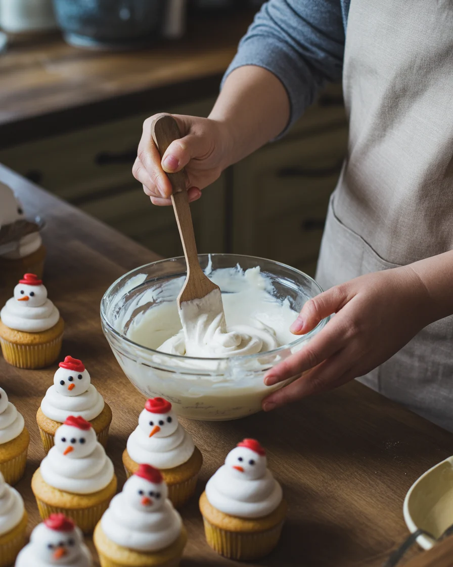 Vanilla Snowman Cupcakes with Vanilla Icing