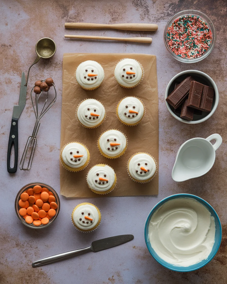 Deliciously Cute Vanilla Snowman Cupcakes with Vanilla Icing