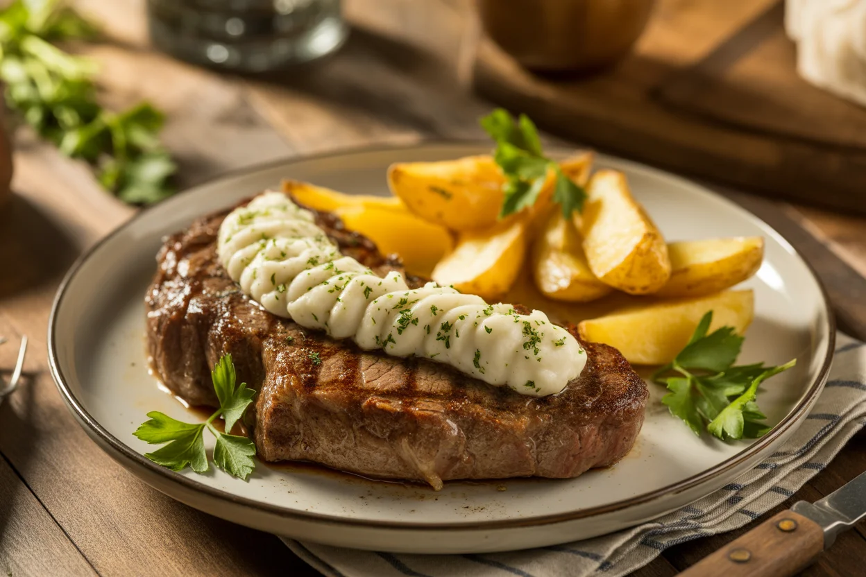 Steak mit Knoblauch-Parmesan-Creme und Bratkartoffeln