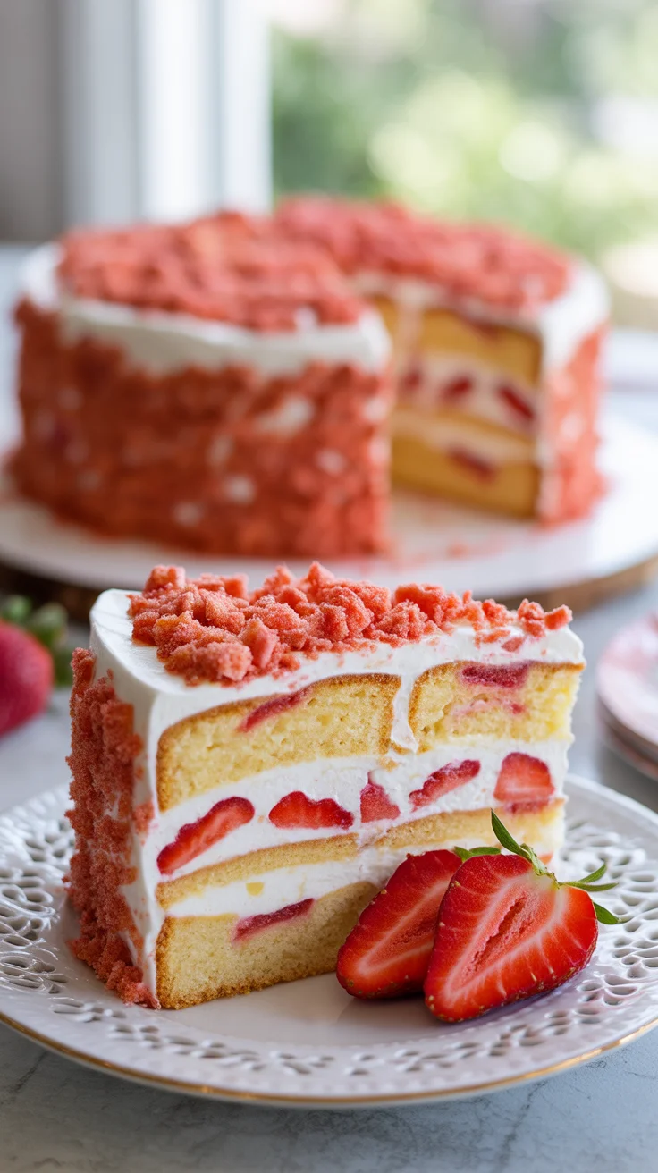 Strawberry Crunch Poke Cake