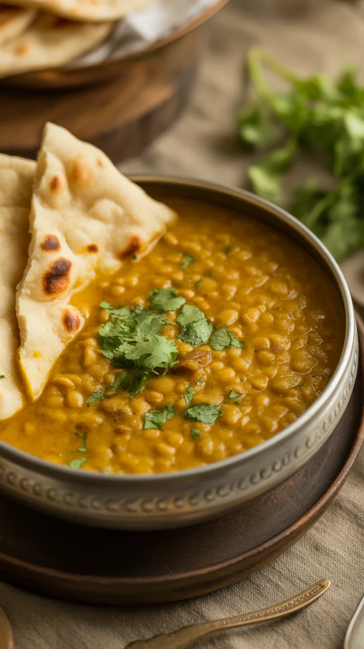 Quick Turmeric Coconut Lentil Curry with Garlic Naan