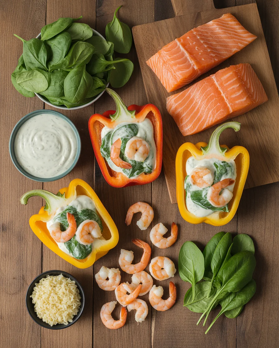 Blackened Salmon and Shrimp Alfredo Stuffed Bell Peppers