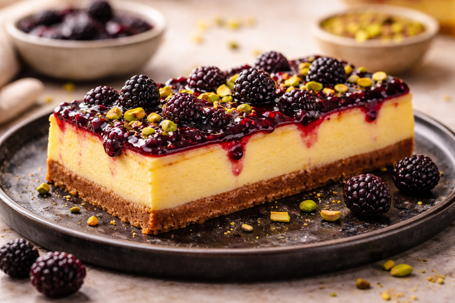 Pistachio Blackberry Cheesecake Bars