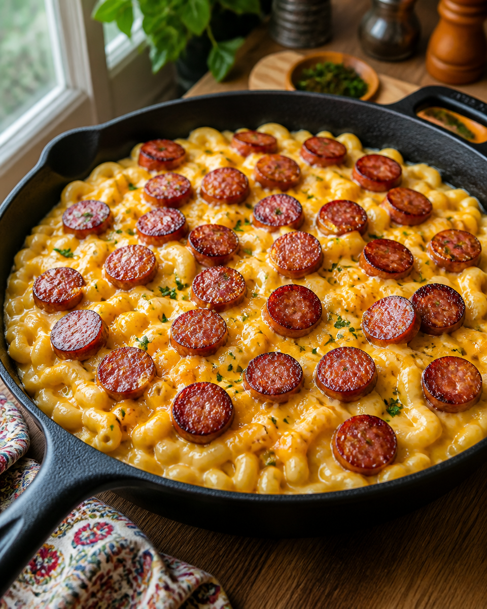 White Cheddar Mac and Cheese with Smoked Sausage Bake